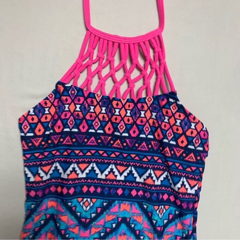 Neon Hot Pink Tribal Bathing Suit One Piece Swimsuit Girls 7-8 Swim Beach Pool - Picture 2 of 7